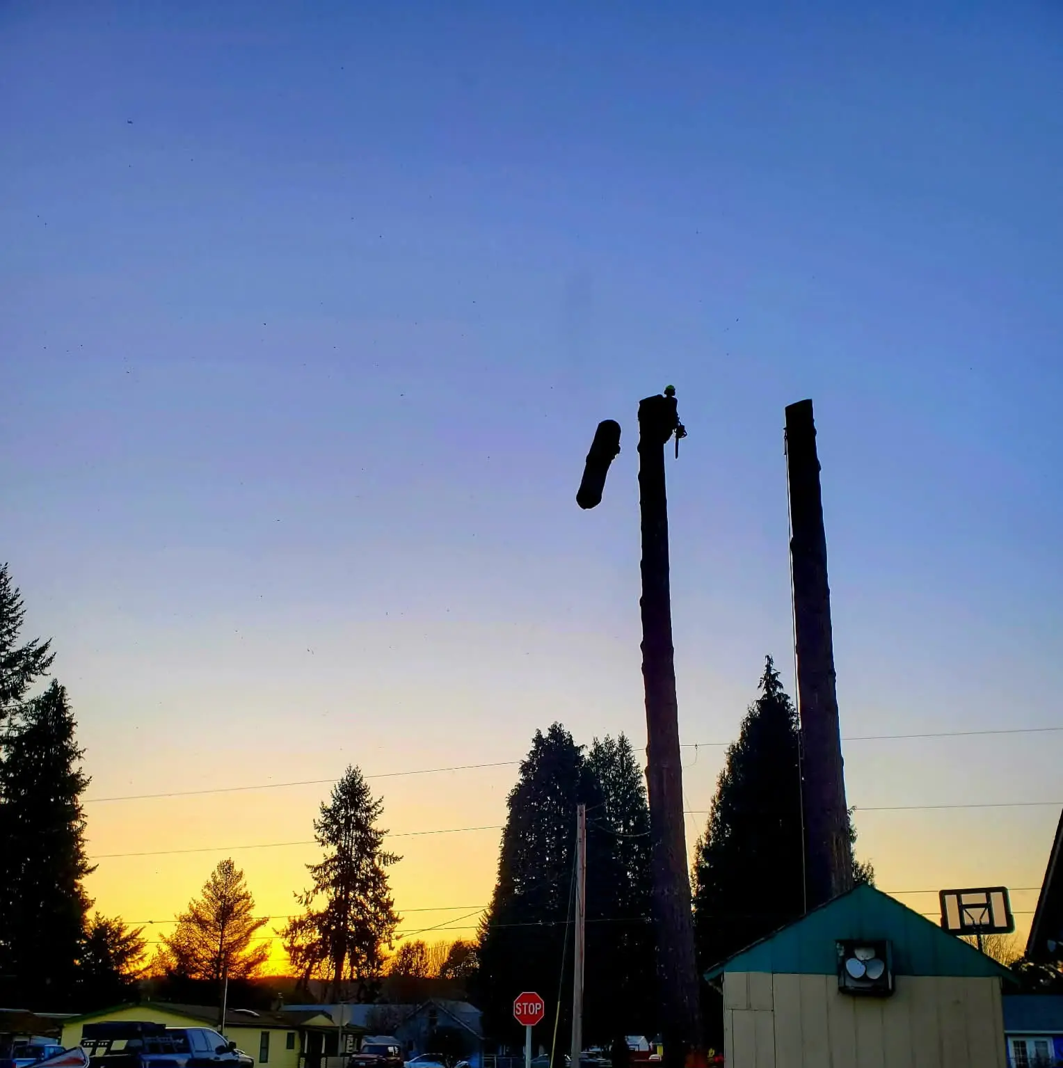 A climber at the top of a tall spar at sunset, a cut section falling away.